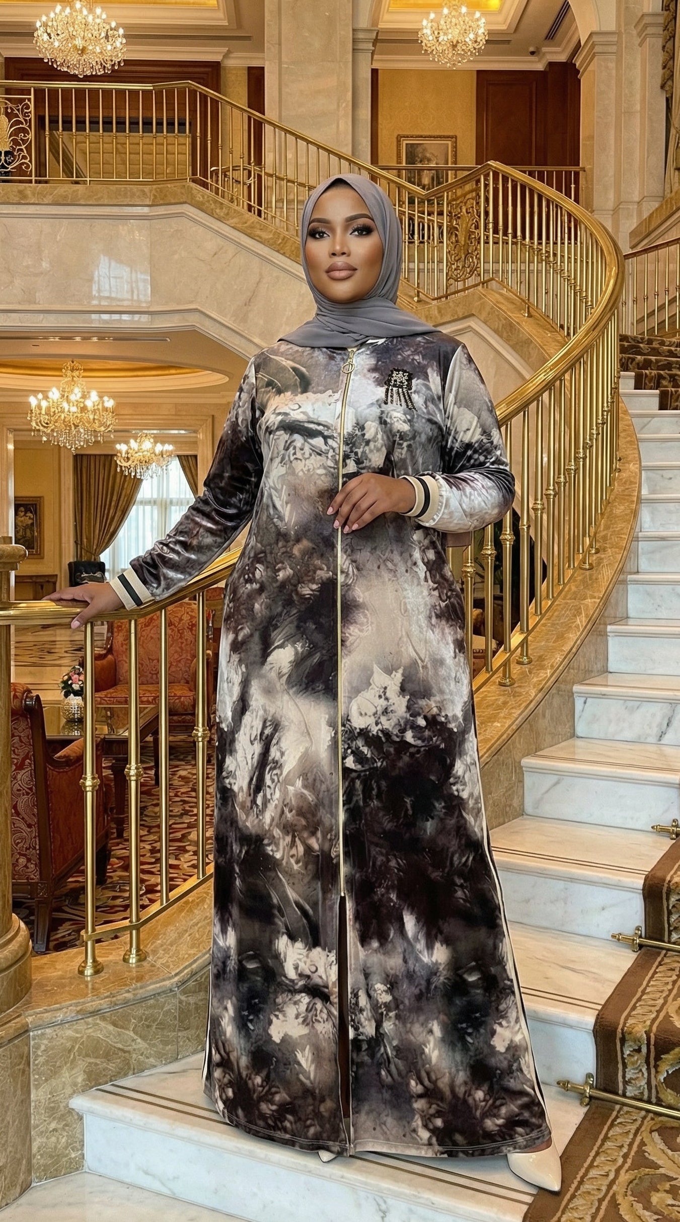 Grey velvet abaya with abstract print