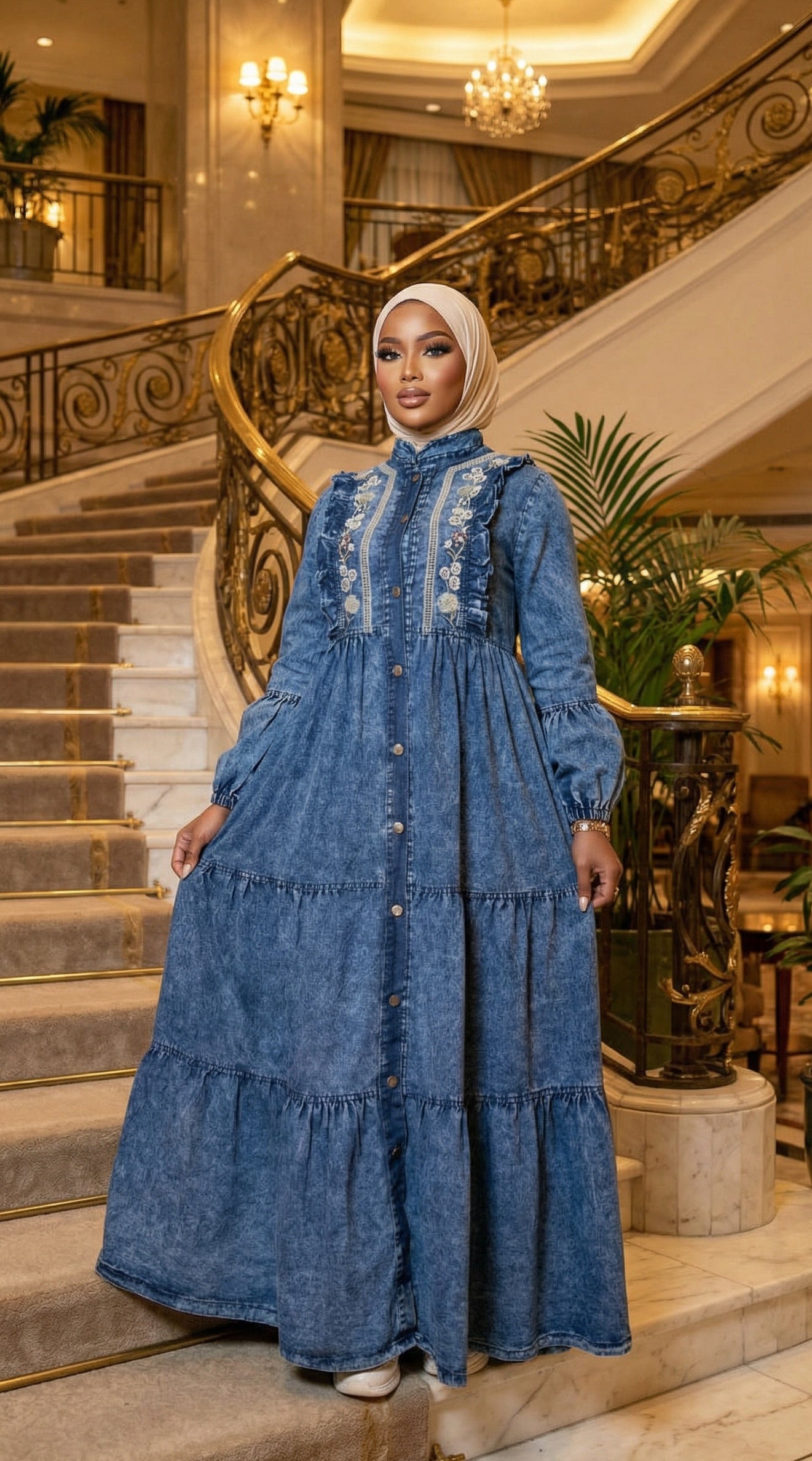 Denim tiered maxi dress with embroidery