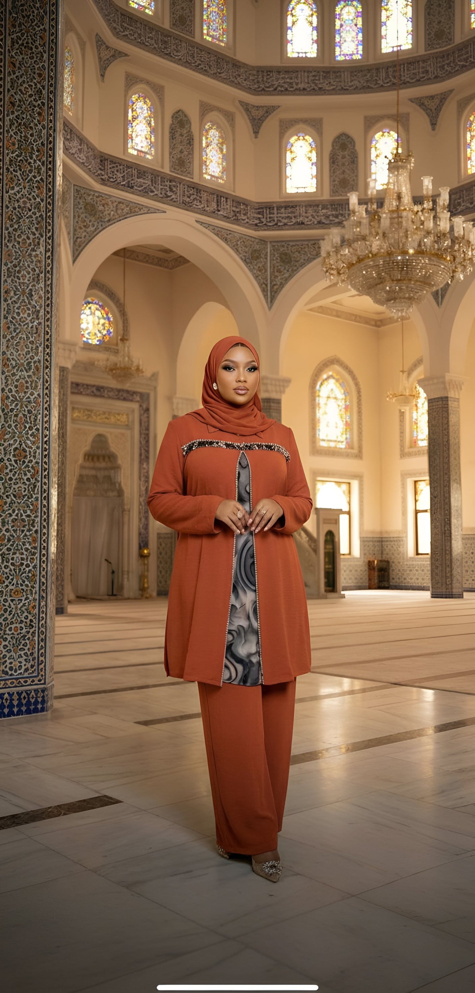 Orange two-piece set with printed panel