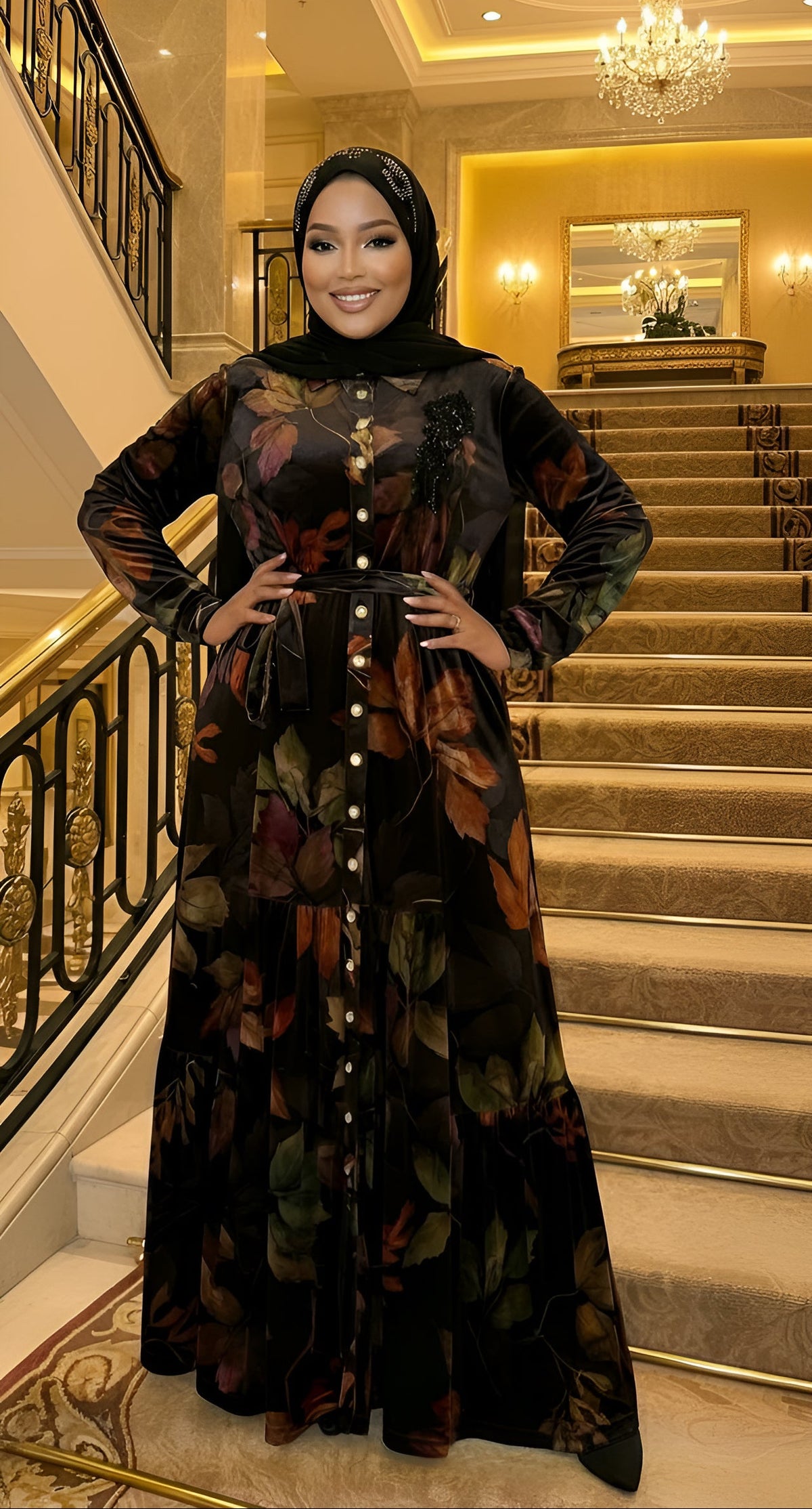 Floral Print Velvet Dress, green