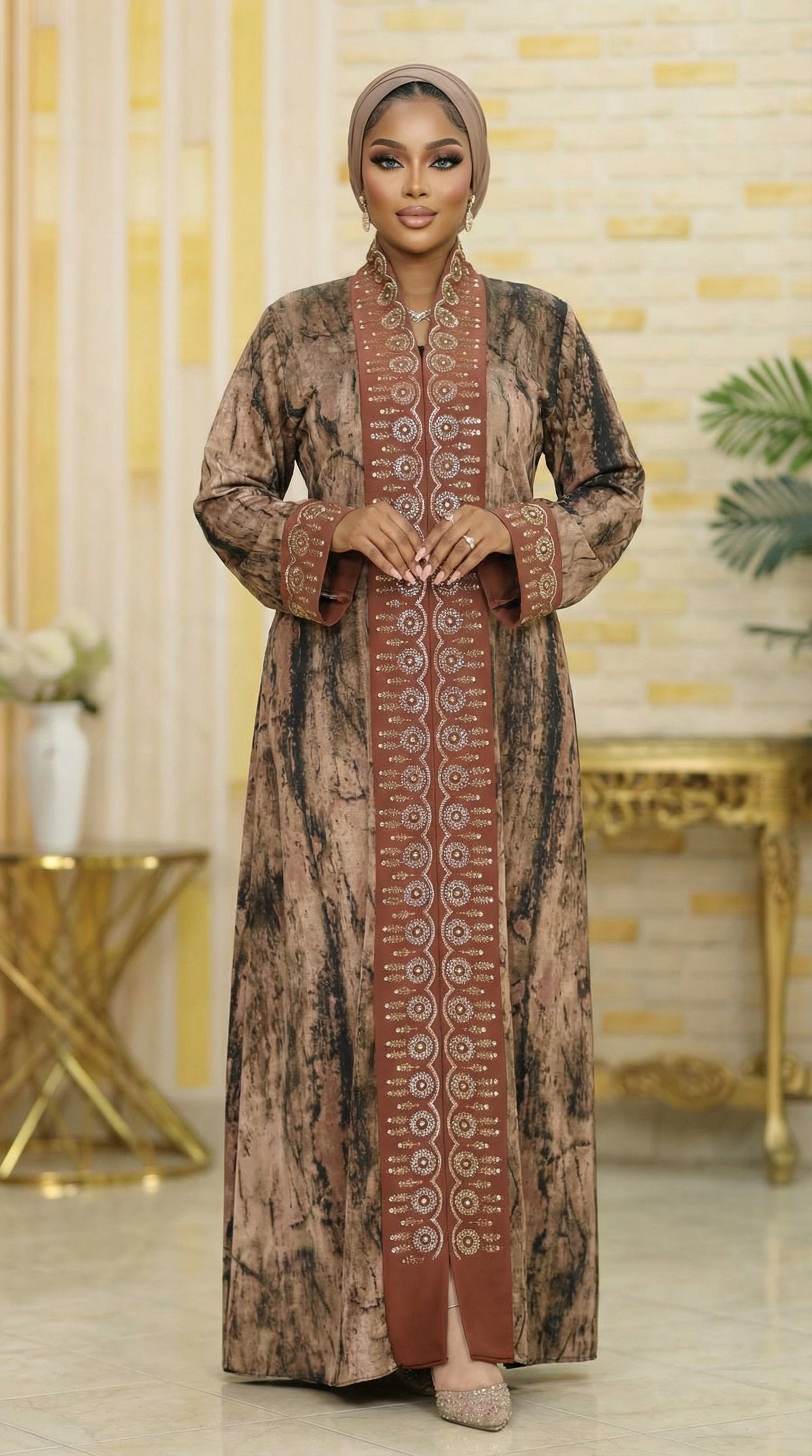 Brown tie-dye abaya with embroidery